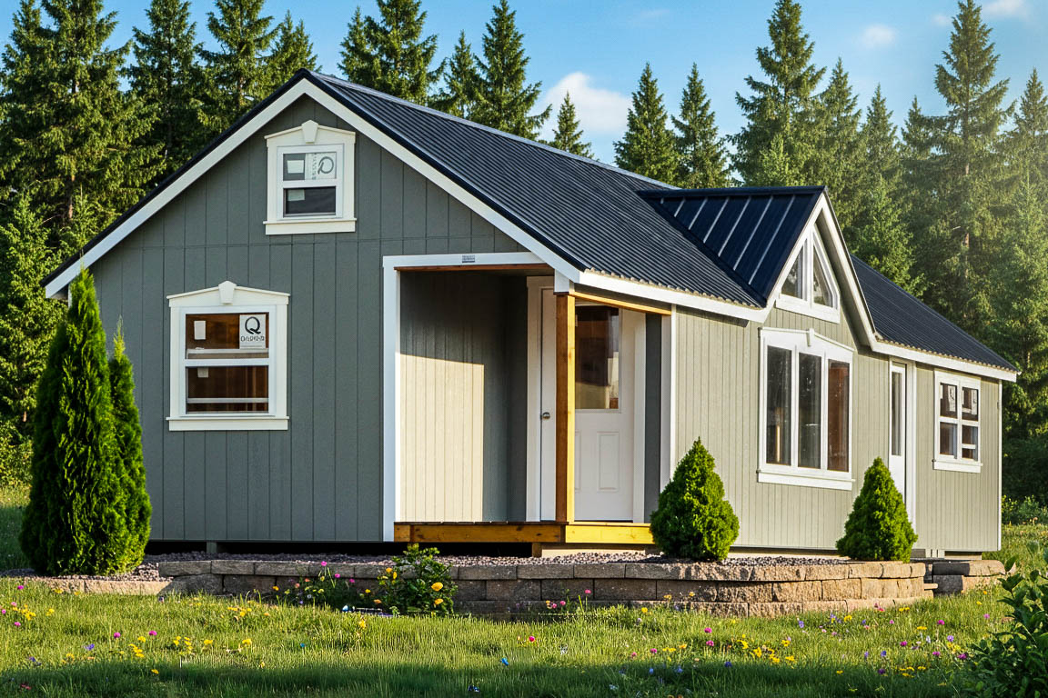 Gray 5-Star Buildings estate shed with porch set in a wooded area
